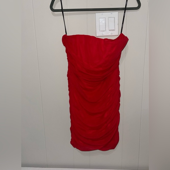 Strapless Red Corset Mesh Ruched Mini Dress - Picture 3 of 6